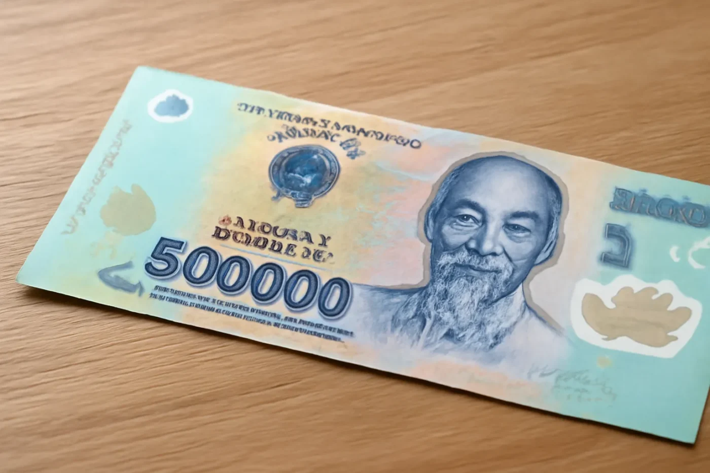 Tờ tiền mệnh giá 500 nghìn đồng Việt Nam trên bàn gỗ sáng