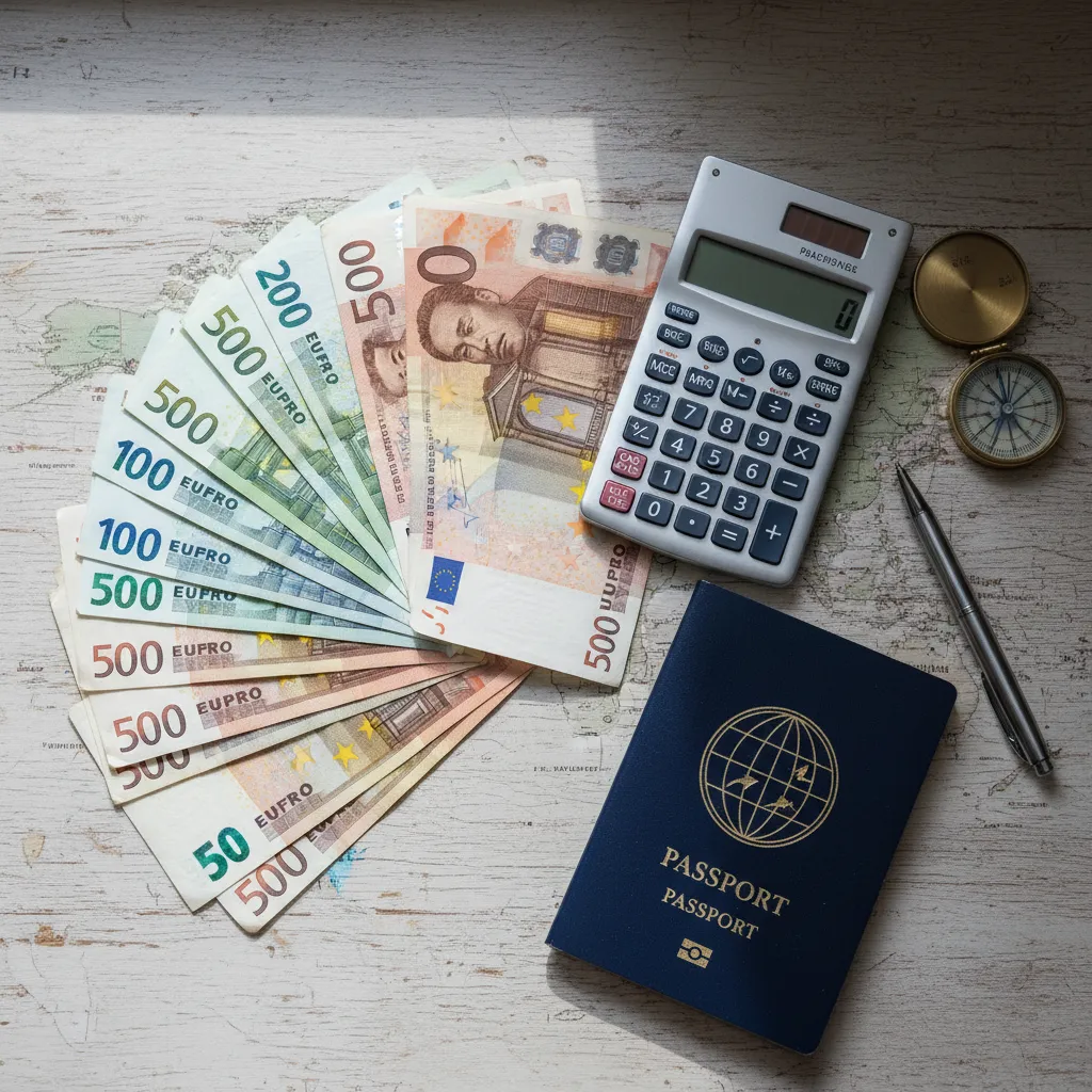 Ngoại tệ, máy tính và hộ chiếu trên mặt bàn