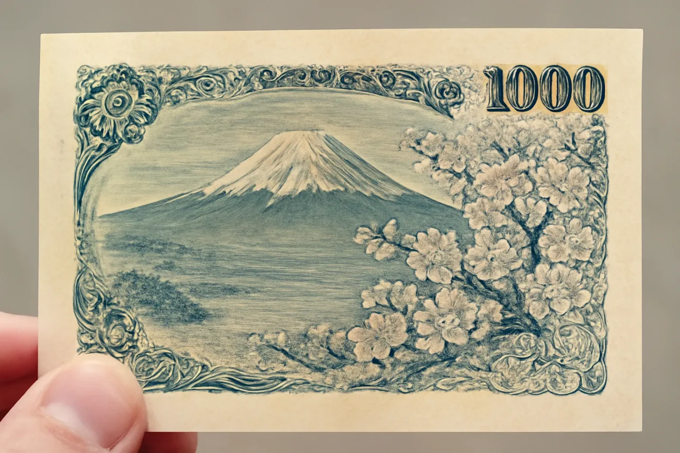 Mặt sau tờ tiền 1000 yên in hình núi Phú Sĩ và hoa anh đào