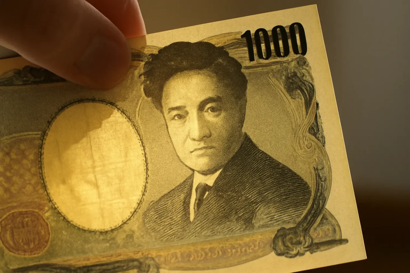 Soi hình chìm bảo an trên tờ tiền 1000 yên dưới ánh sáng